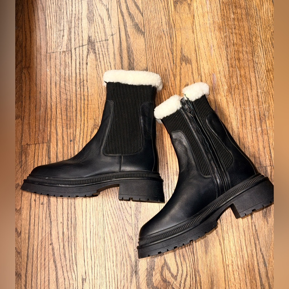 Dolce Vita Black Leather Lug Sole Winter Boots with Cream Shearling Trim